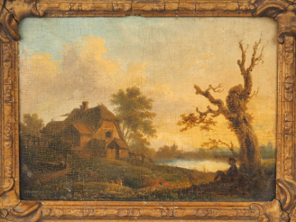 Vente aux enchères C. TOWNE. "Repos près de l'étang". Huile sur panneau, signée en bas à 