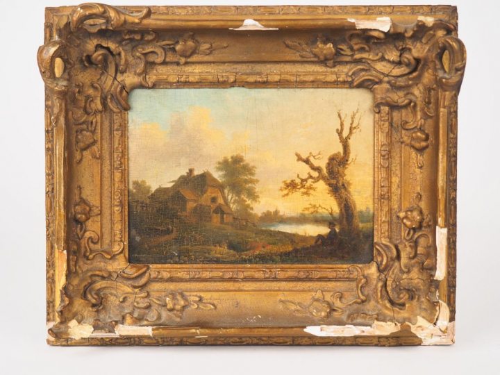 C. TOWNE. "Repos près de l'étang". Huile sur panneau, signée en bas à 
