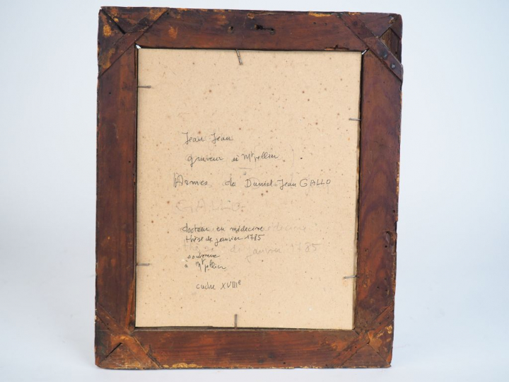 JEANJEAN. "Blason de Daniel Jean Gallo". Gravure XVIIIème signée en ba