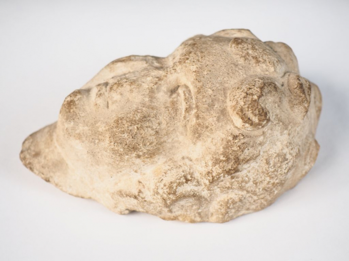 Tête en pierre calcaire sculptée aux yeux fendus et à la chevelure bou