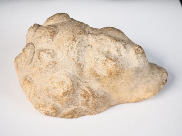 Tête en pierre calcaire sculptée aux yeux fendus et à la chevelure bou