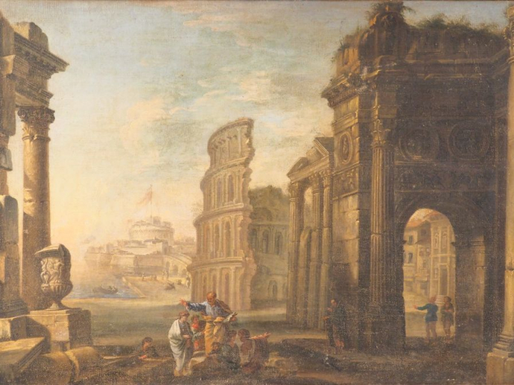 Ecole italienne XVIIIème. "Personnages dans les ruines de la Rome anti