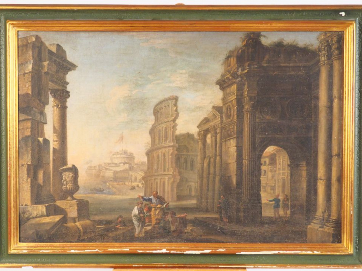 Ecole italienne XVIIIème. "Personnages dans les ruines de la Rome anti