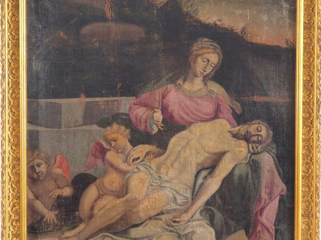 Ecole française XVIIIème. "La pieta". Huile sur toile, marouflée sur p