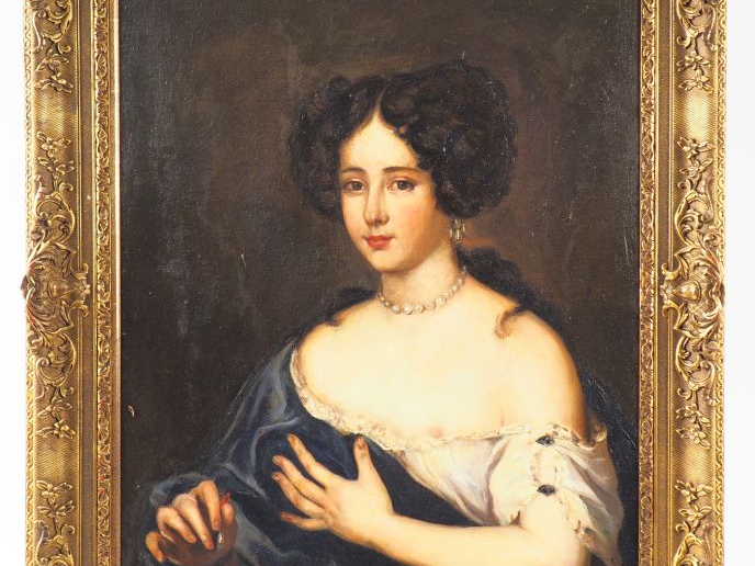 Ecole française XIXème "Portrait de jeune femme au collier de perles" 