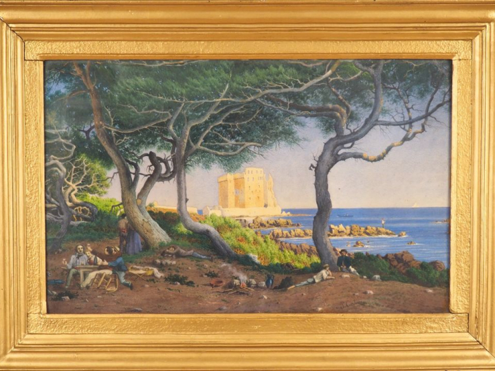 Joseph CONTINI. "Fortification près de Cannes". Aquarelle signée en ba