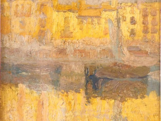 Vente aux enchères DAURA y GARCIA dit Pierre DAURA. "Vue de village au bord de l'eau, au 