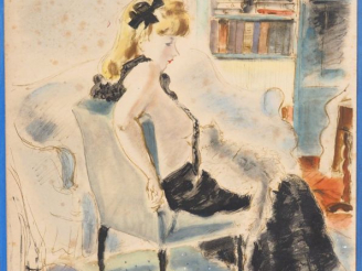 Vente aux enchères André DIGNIMONT. "Elegante et son chat". Aquarelle, signée en bas à ga