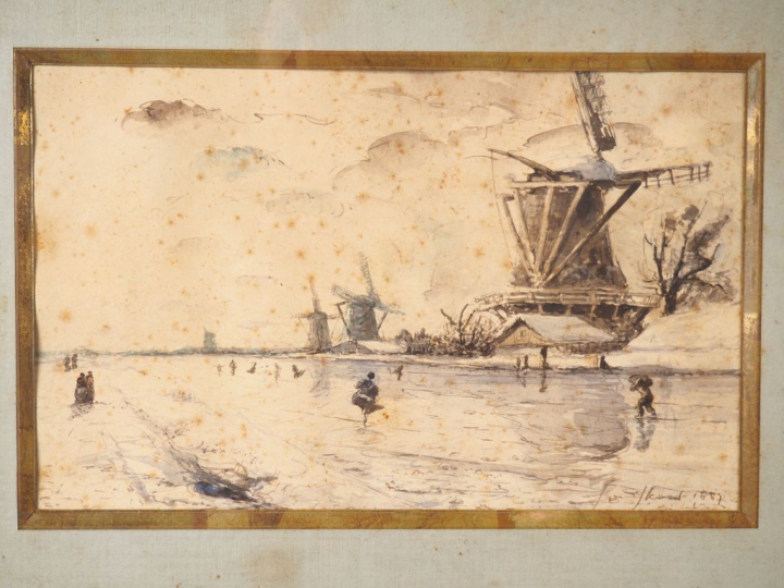 Johan-Barthold JONGKIND. "Patineurs en Hollande". Aquarelle, signée en