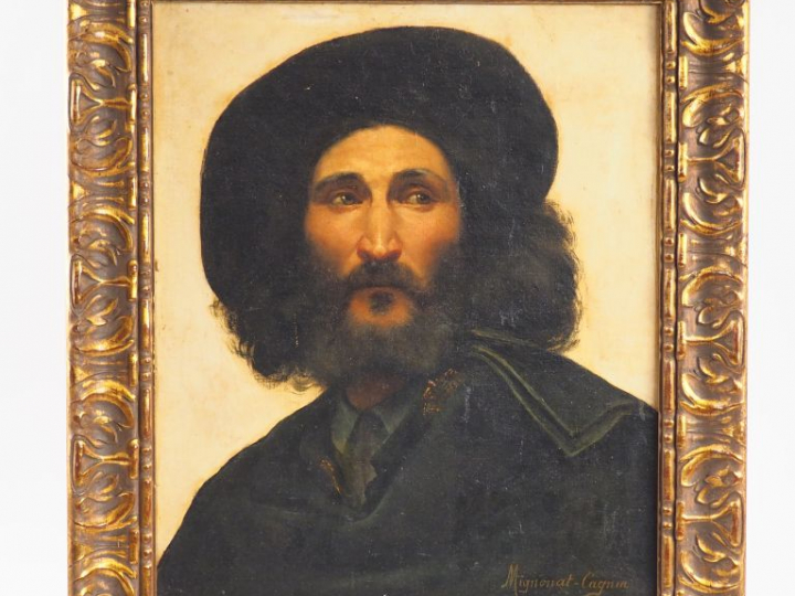 MIGNONAT-CAGNIN. "Portrait d'homme au chapeau". Huile sur toile, signé