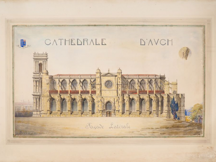 Jean MONTARIOL. "La Cathédrale d'Auch, façade latérale". Aquarelle, si