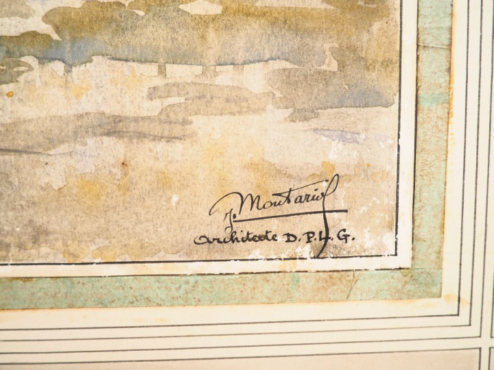 Jean MONTARIOL. "La Cathédrale d'Auch, façade latérale". Aquarelle, si