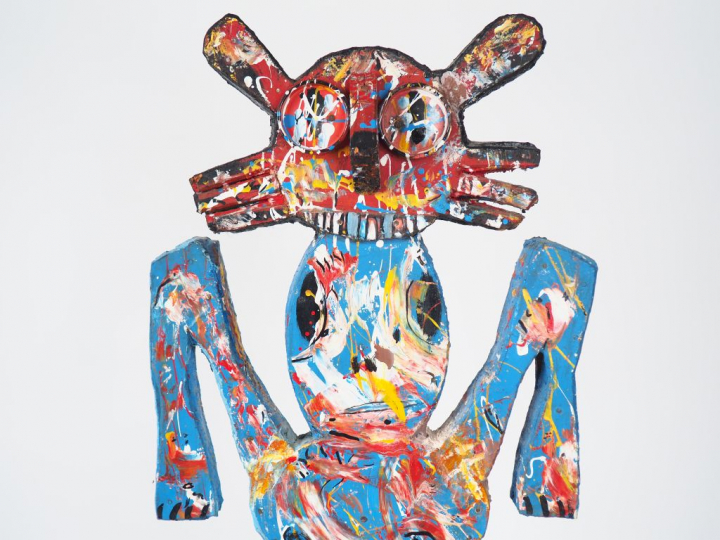 Saïd OUARZAZ. "Totem". Sculpture en bois polychrome, signée. Dim. 94 x