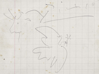 Vente aux enchères Pablo PICASSO. "Colombe et taureau". Stylo bille bleu sur papier ligné