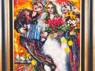 Vente aux enchères RAYA-SORKINE. "Scène de mariage". Huile sur toile, signée en bas à dro