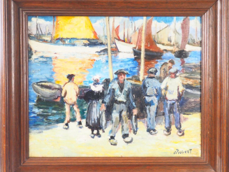 Vente aux enchères A. ROBERT. "Pêcheurs bretons sur le quai". Huile carton, signée en bas