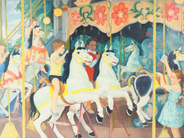 André VIGNOLES. "Les chevaux de bois" Grande huile sur toile, signée a