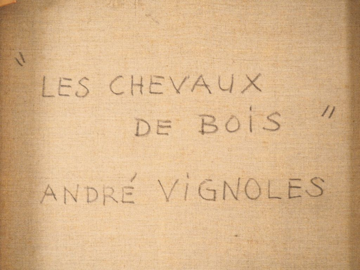 André VIGNOLES. "Les chevaux de bois" Grande huile sur toile, signée a