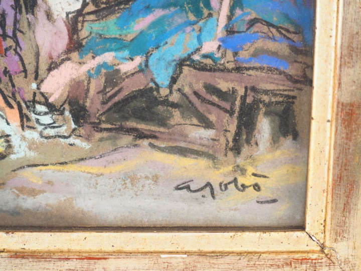 Ecole bretonne Xxème. "Le marché". Pastel signé en bas à droite. Dim. 