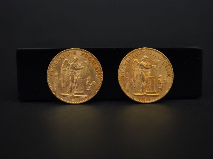 	Deux pièces de 20 francs or, 1875-A. FRAIS ACHETEURS 5% TTC.