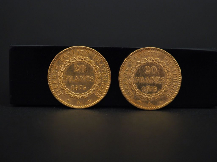 	Deux pièces de 20 francs or, 1875-A. FRAIS ACHETEURS 5% TTC.