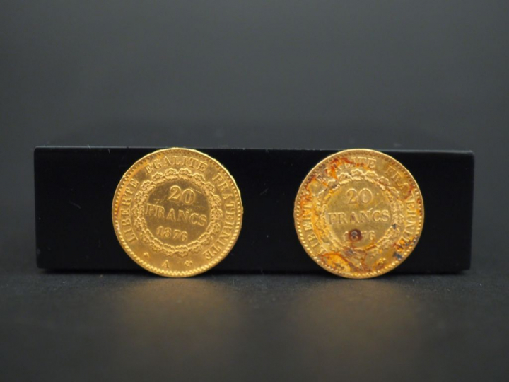 Deux pièces de 20 francs or, 1876-A. FRAIS ACHETEURS 5% TTC.