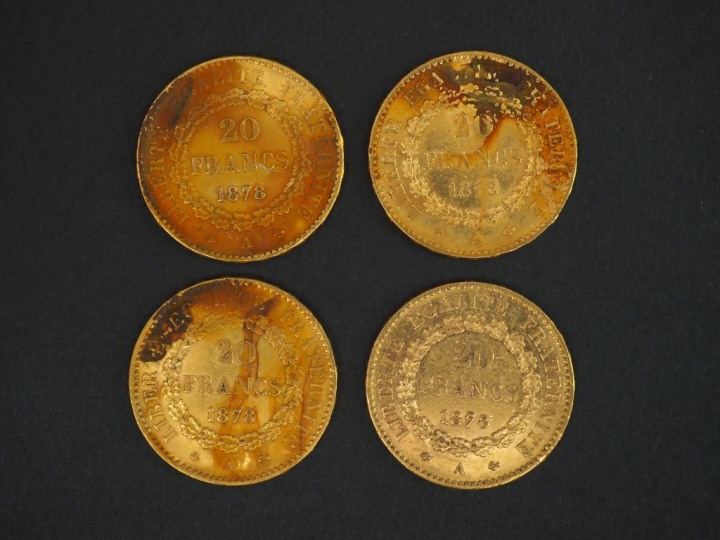 Quatre pièces de 20 francs or, 1878-A. FRAIS ACHETEURS 5% TTC.