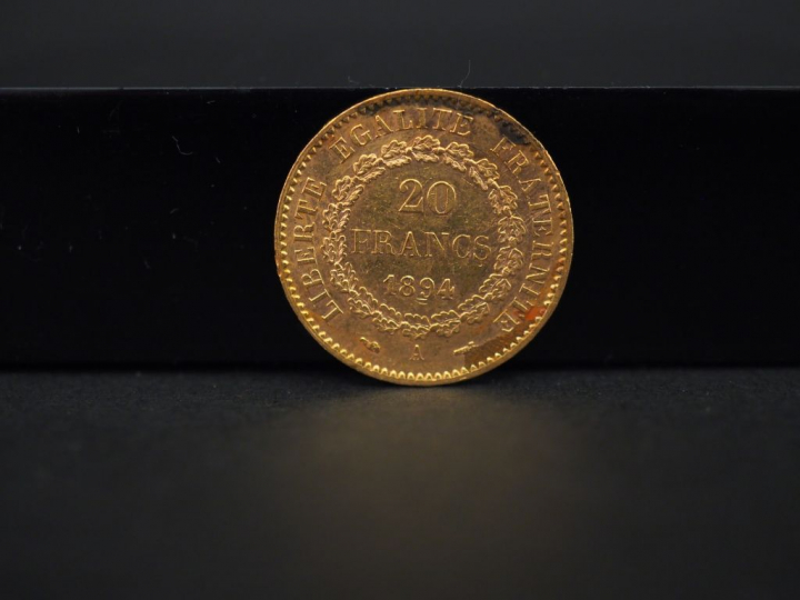 	Une pièce de 20 francs or, 1894-A.  FRAIS ACHETEURS 5% TTC.