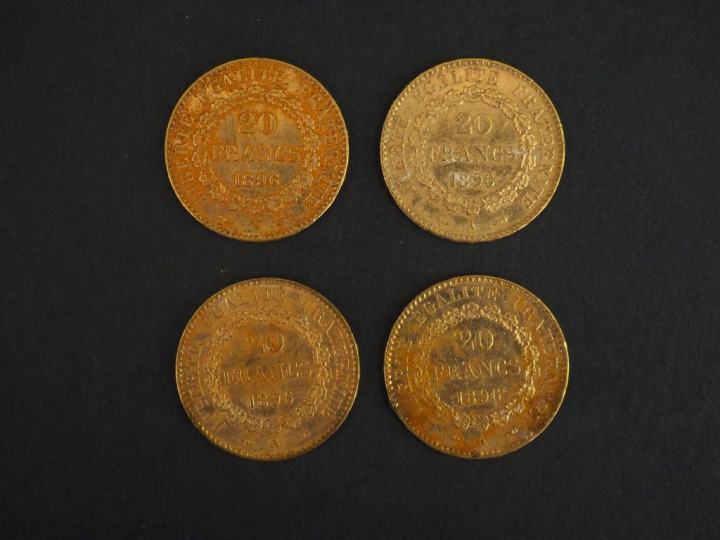 Quatre pièces de 20 francs or, 1896-A. FRAIS ACHETEURS 5% TTC.