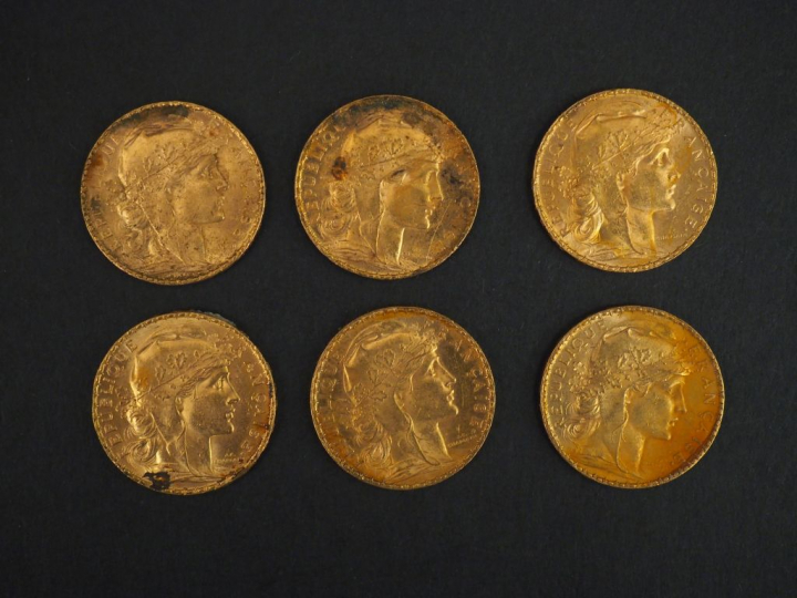 	Six pièces de 20 francs or, 1905. FRAIS ACHETEURS 5% TTC.