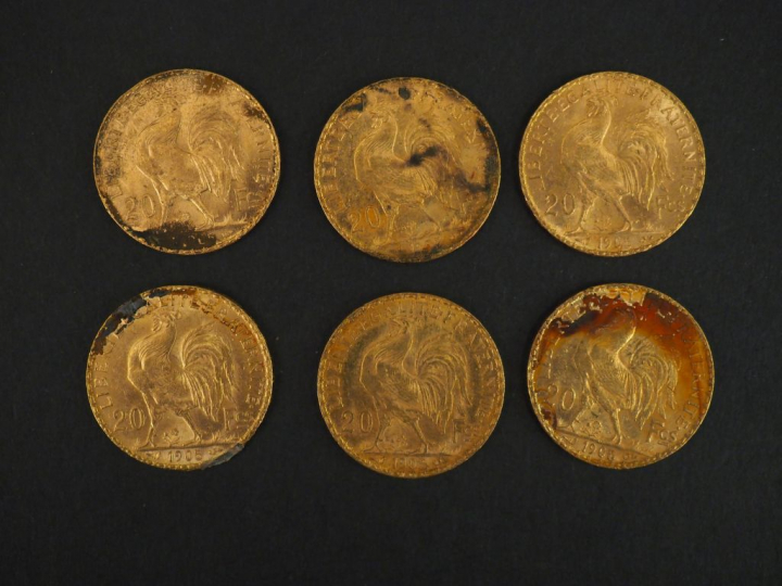 	Six pièces de 20 francs or, 1905. FRAIS ACHETEURS 5% TTC.