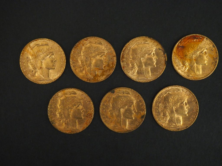 Sept pièces de 20 francs or, 1906. FRAIS ACHETEURS 5% TTC.