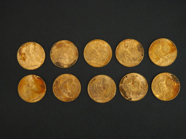 Dix pièces de 20 francs or, 1907. FRAIS ACHETEURS 5% TTC
