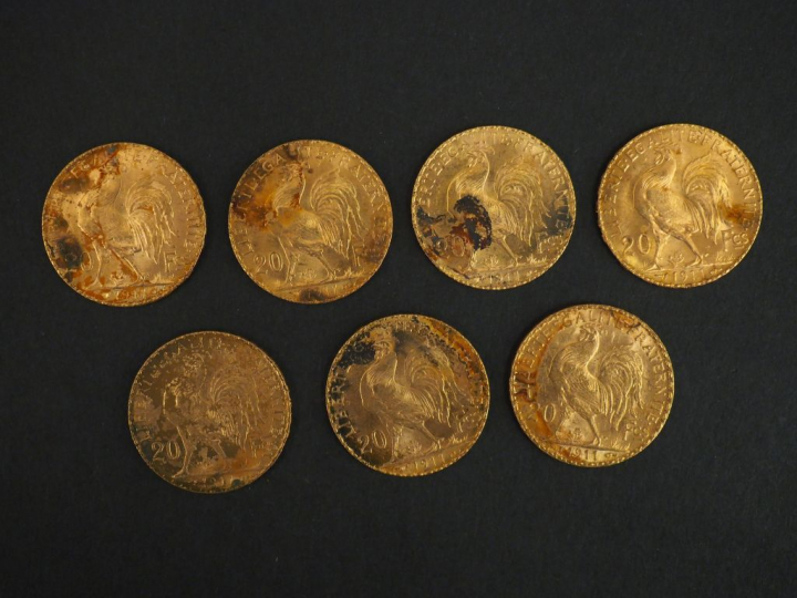 Sept pièces de 20 francs or, 1911.  FRAIS ACHETEURS 5% TTC.