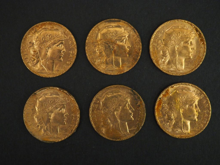 	Six pièces de 20 francs or, 1912. FRAIS ACHETEURS 5% TTC.