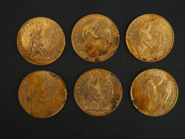 	Six pièces de 20 francs or, 1912. FRAIS ACHETEURS 5% TTC.