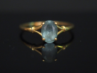 Vente aux enchères 	Petite bague en or jaune, sertie en son centre d’une pierre bleue. TD