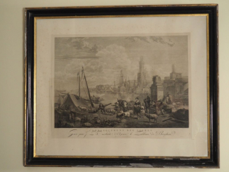 Vente aux enchères Gravure d'après Berghem "l'embarquement des vivres". Dim. 50 x 67 cm.