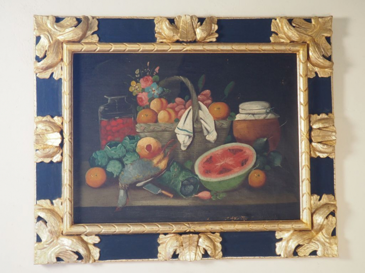 Paire d'huiles sur toile "nature morte" dans des cadres en bois sculpt