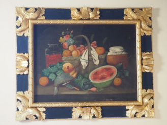 Vente aux enchères Paire d'huiles sur toile "nature morte" dans des cadres en bois sculpt