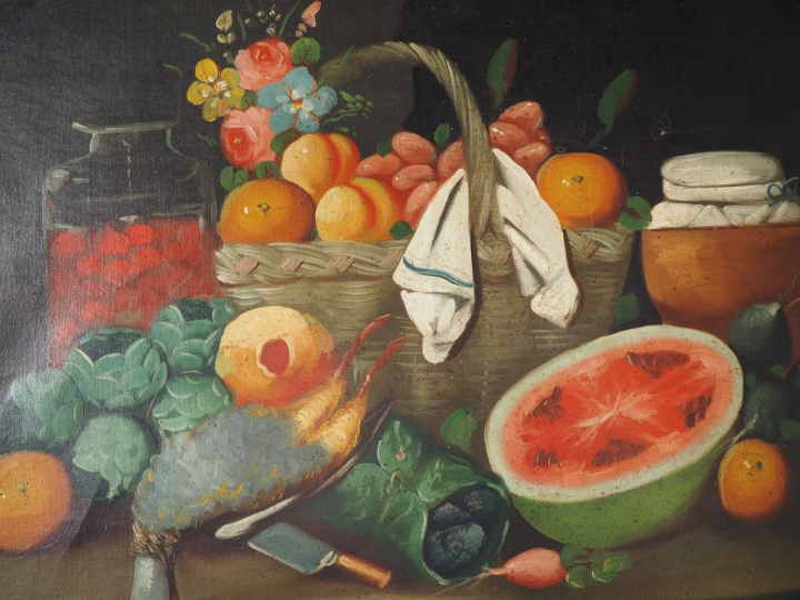 Paire d'huiles sur toile "nature morte" dans des cadres en bois sculpt