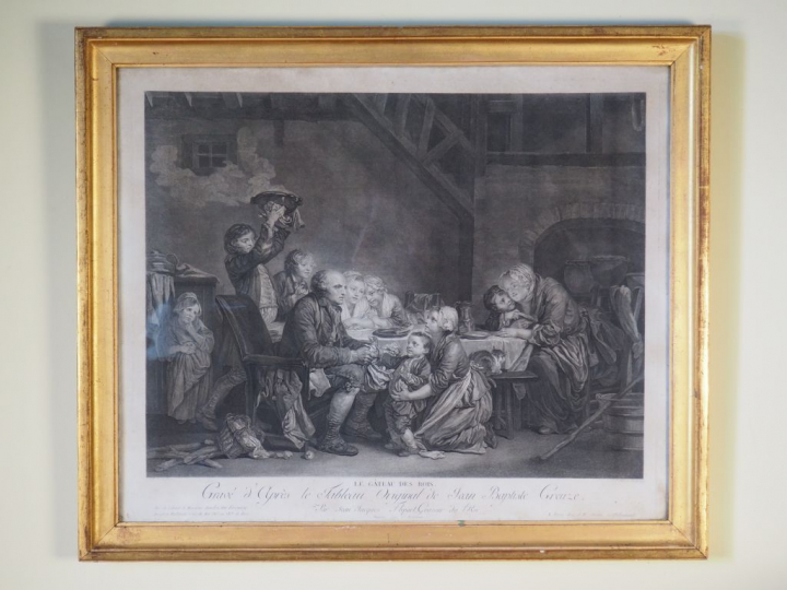 Paire de gravures en noir d'après Greuze "le gateau des rois" et "la m