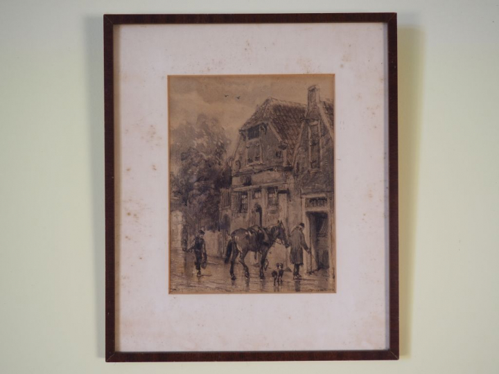 Ecole française XIXème.  'Retour à l'écurie'.  Dessin au lavis signé e