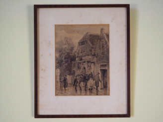 Vente aux enchères Ecole française XIXème.  'Retour à l'écurie'.  Dessin au lavis signé e