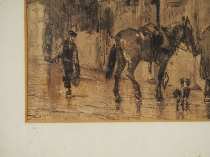 Ecole française XIXème.  'Retour à l'écurie'.  Dessin au lavis signé e