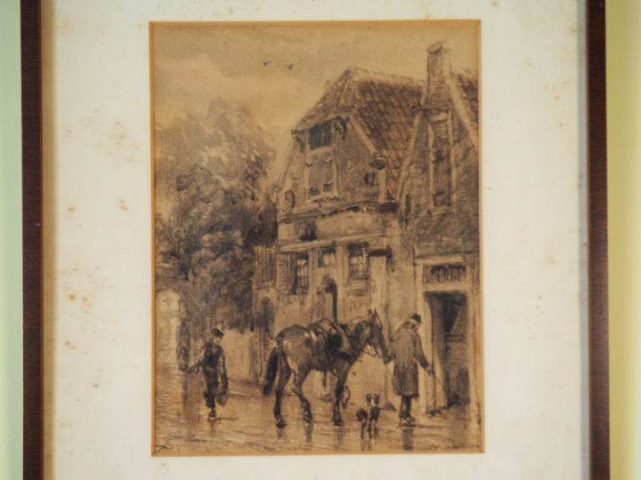 Ecole française XIXème.  'Retour à l'écurie'.  Dessin au lavis signé e