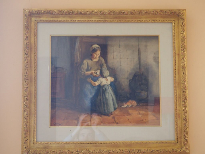 Ecole XXème.  'Jeune mère et sa petite fille'.  Aquarelle signée en ba