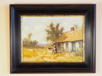 Vente aux enchères Ecole XXème 'bergère dans sa ferme'. Huile sur panneau signée en bas à