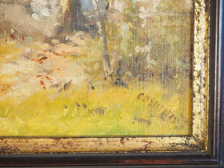 Ecole XXème 'bergère dans sa ferme'. Huile sur panneau signée en bas à