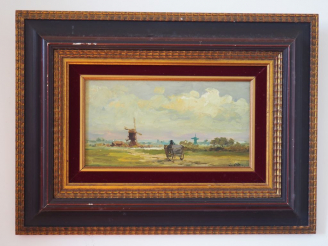 Vente aux enchères Ecole hollandaise XXème . "Paysage au moulin'.  Huile sur panneau sign